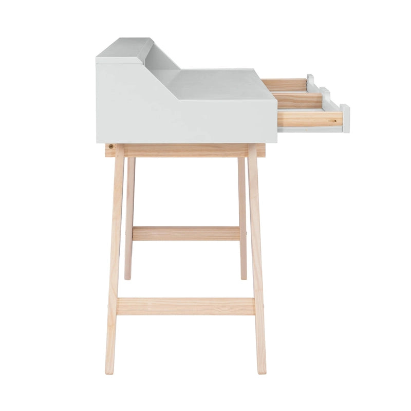 Bureau de travail à domicile avec 2 tiroirs, huche et pieds évasés – Bureau d'écriture de 140 cm en MDF et pin