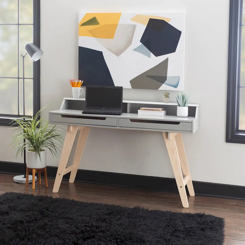 Bureau de travail à domicile avec 2 tiroirs, huche et pieds évasés – Bureau d'écriture de 140 cm en MDF et pin