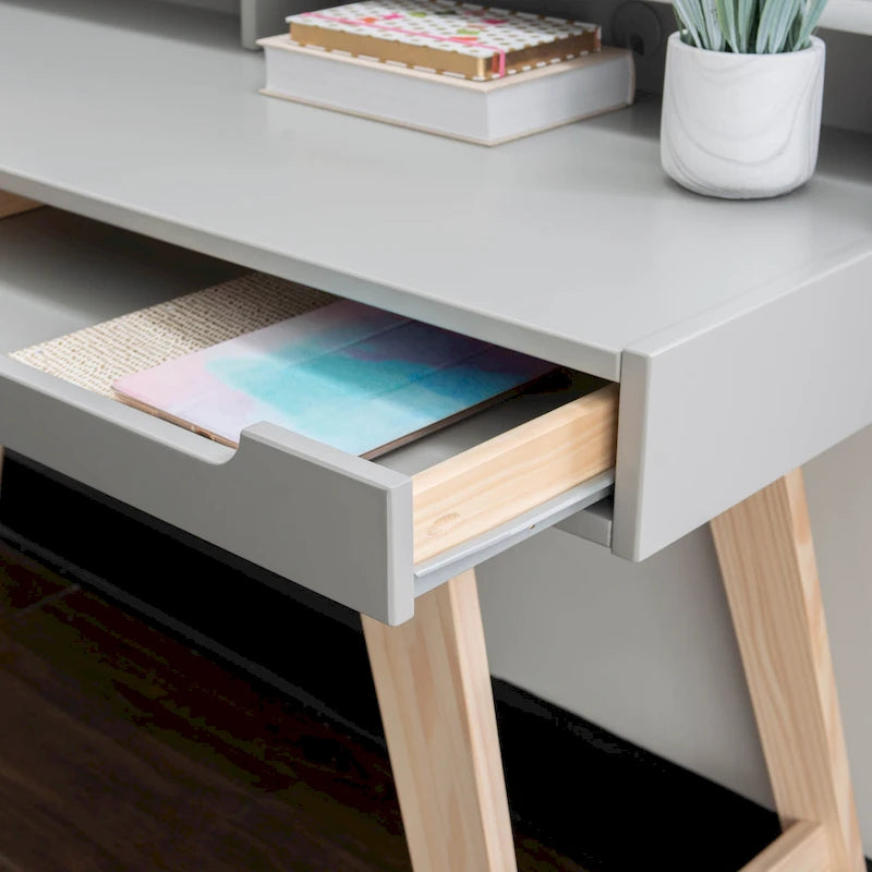 Bureau de travail à domicile avec 2 tiroirs, huche et pieds évasés – Bureau d'écriture de 140 cm en MDF et pin