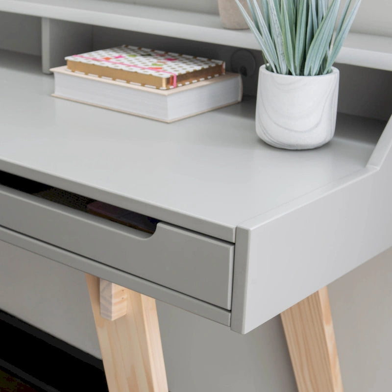 Bureau de travail à domicile avec 2 tiroirs, huche et pieds évasés – Bureau d'écriture de 140 cm en MDF et pin