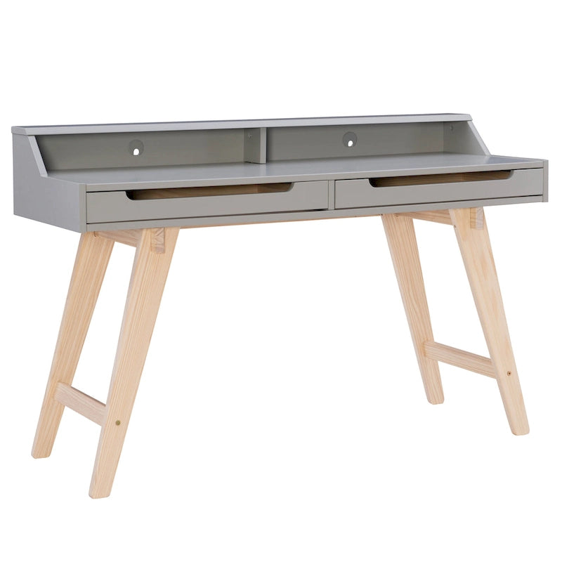 Bureau de travail à domicile avec 2 tiroirs, huche et pieds évasés – Bureau d'écriture de 140 cm en MDF et pin