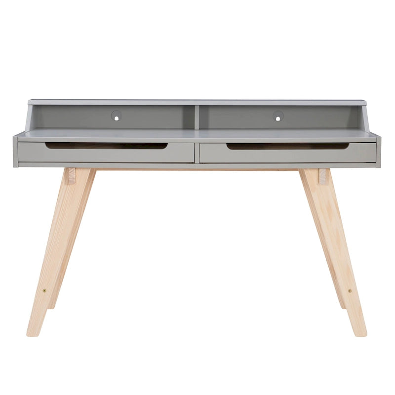Bureau de travail à domicile avec 2 tiroirs, huche et pieds évasés – Bureau d'écriture de 140 cm en MDF et pin