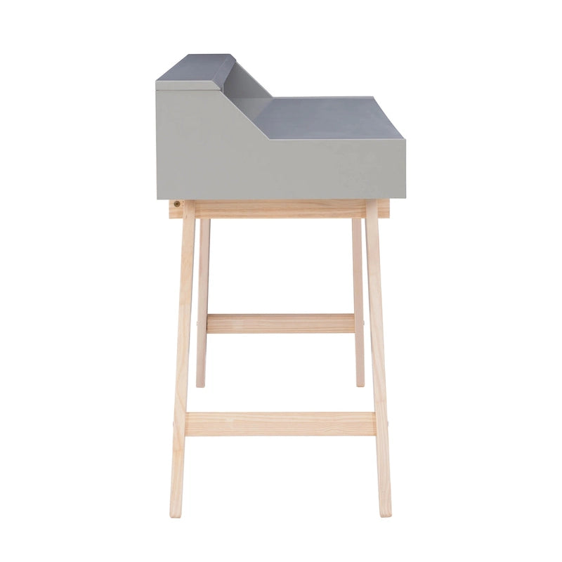 Bureau de travail à domicile avec 2 tiroirs, huche et pieds évasés – Bureau d'écriture de 140 cm en MDF et pin