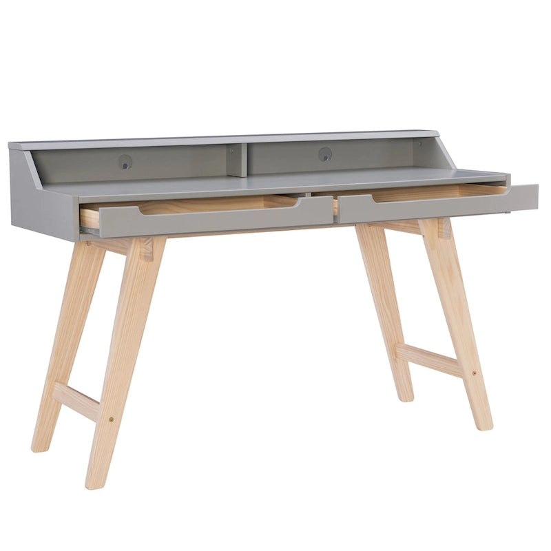 Bureau de travail à domicile avec 2 tiroirs, huche et pieds évasés – Bureau d'écriture de 140 cm en MDF et pin