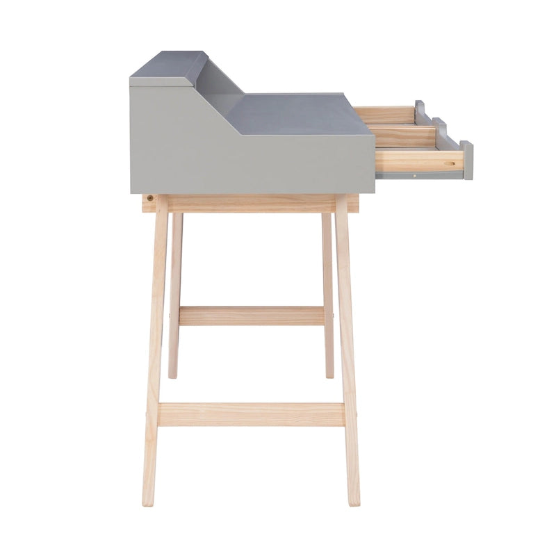 Bureau de travail à domicile avec 2 tiroirs, huche et pieds évasés – Bureau d'écriture de 140 cm en MDF et pin