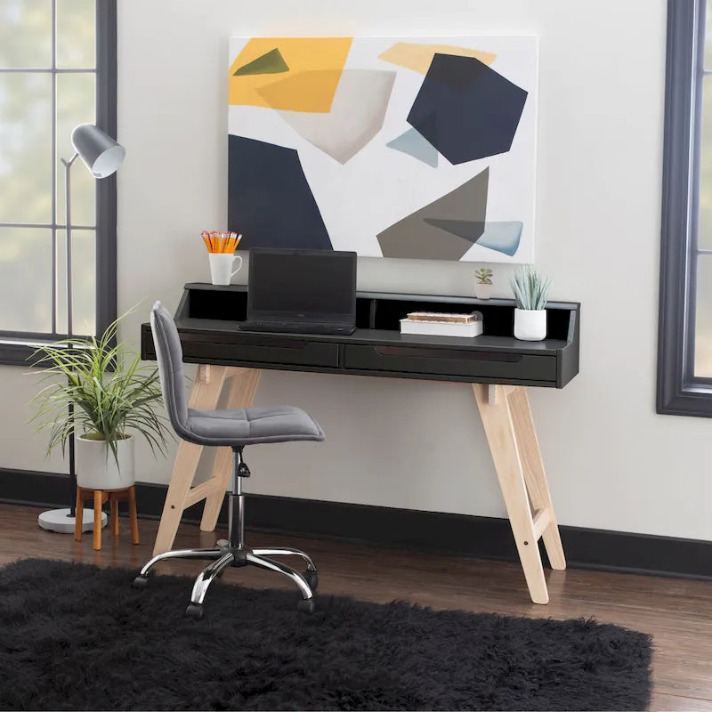 Bureau de travail à domicile avec 2 tiroirs, huche et pieds évasés – Bureau d'écriture de 140 cm en MDF et pin