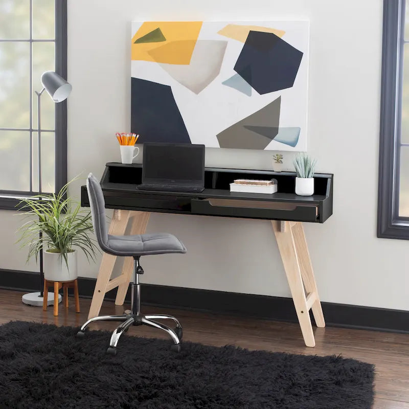 Bureau de travail à domicile avec 2 tiroirs, huche et pieds évasés – Bureau d'écriture de 140 cm en MDF et pin