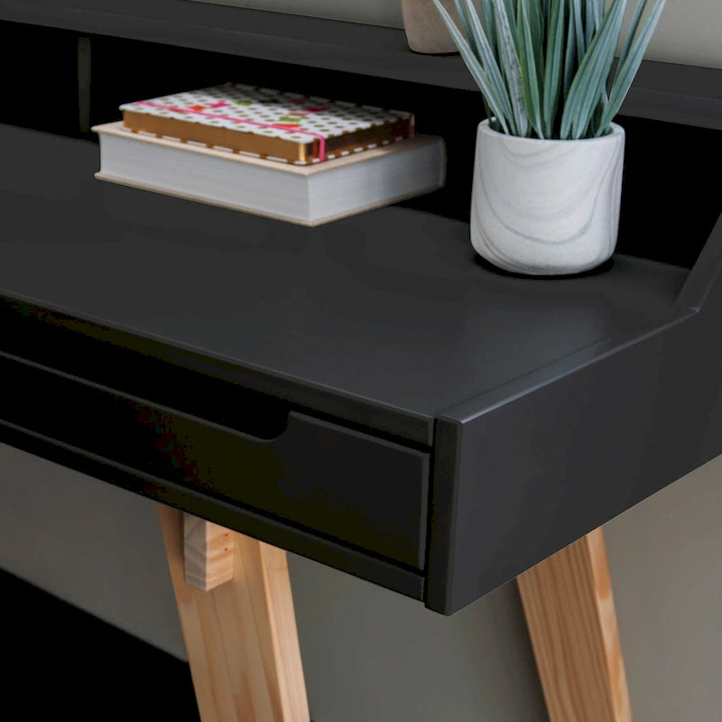 Bureau de travail à domicile avec 2 tiroirs, huche et pieds évasés – Bureau d'écriture de 140 cm en MDF et pin