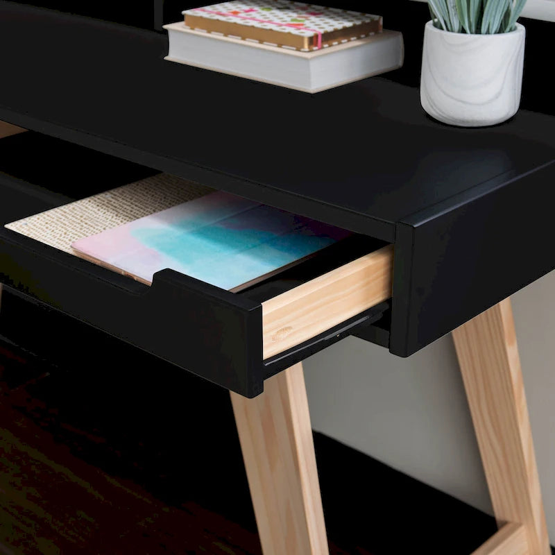 Bureau de travail à domicile avec 2 tiroirs, huche et pieds évasés – Bureau d'écriture de 140 cm en MDF et pin