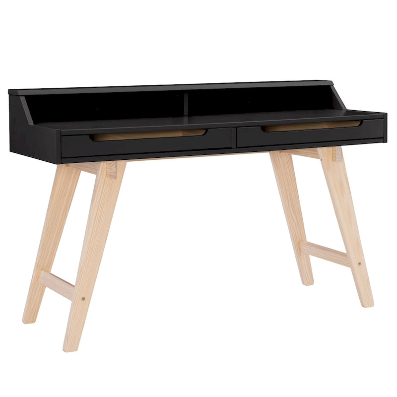 Bureau de travail à domicile avec 2 tiroirs, huche et pieds évasés – Bureau d'écriture de 140 cm en MDF et pin
