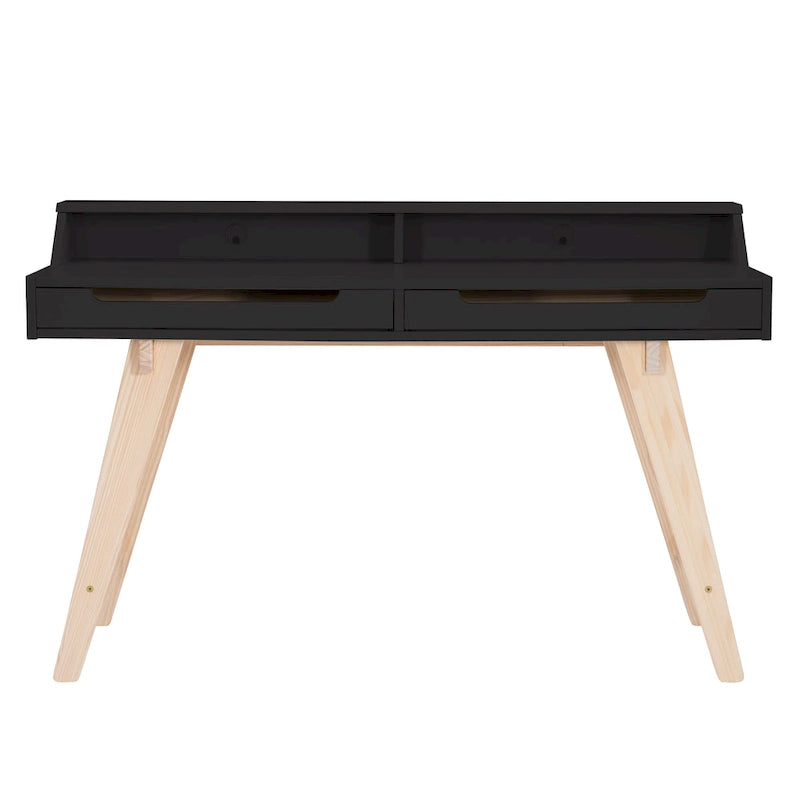 Bureau de travail à domicile avec 2 tiroirs, huche et pieds évasés – Bureau d'écriture de 140 cm en MDF et pin