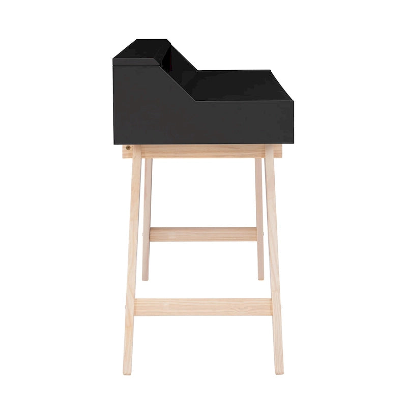 Bureau de travail à domicile avec 2 tiroirs, huche et pieds évasés – Bureau d'écriture de 140 cm en MDF et pin