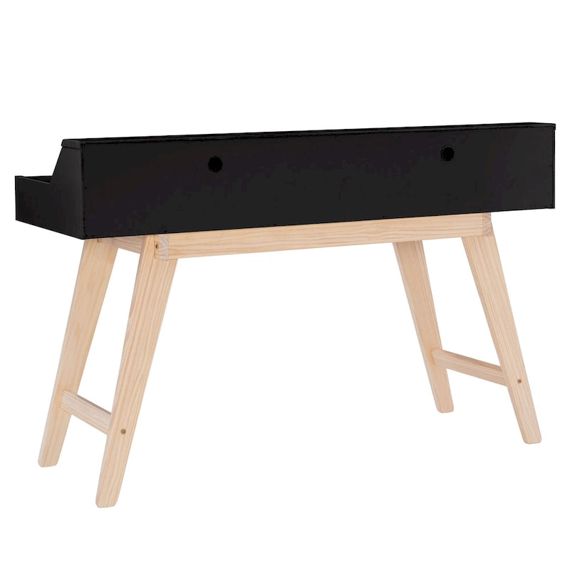 Bureau de travail à domicile avec 2 tiroirs, huche et pieds évasés – Bureau d'écriture de 140 cm en MDF et pin