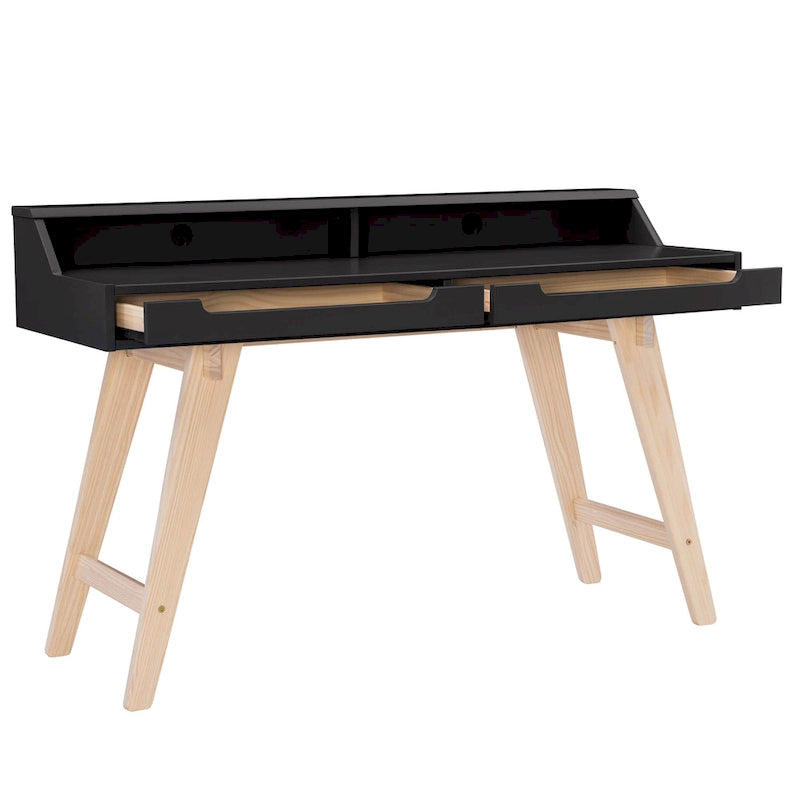Bureau de travail à domicile avec 2 tiroirs, huche et pieds évasés – Bureau d'écriture de 140 cm en MDF et pin