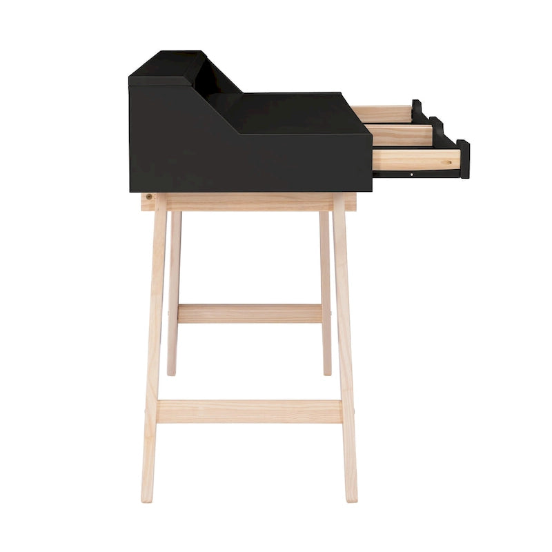 Bureau de travail à domicile avec 2 tiroirs, huche et pieds évasés – Bureau d'écriture de 140 cm en MDF et pin