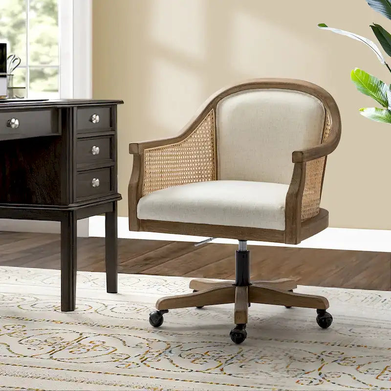Fauteuil de bureau en rotin avec piètement en bois d'hévéa, pivotant à 360 degrés et réglable en hauteur par