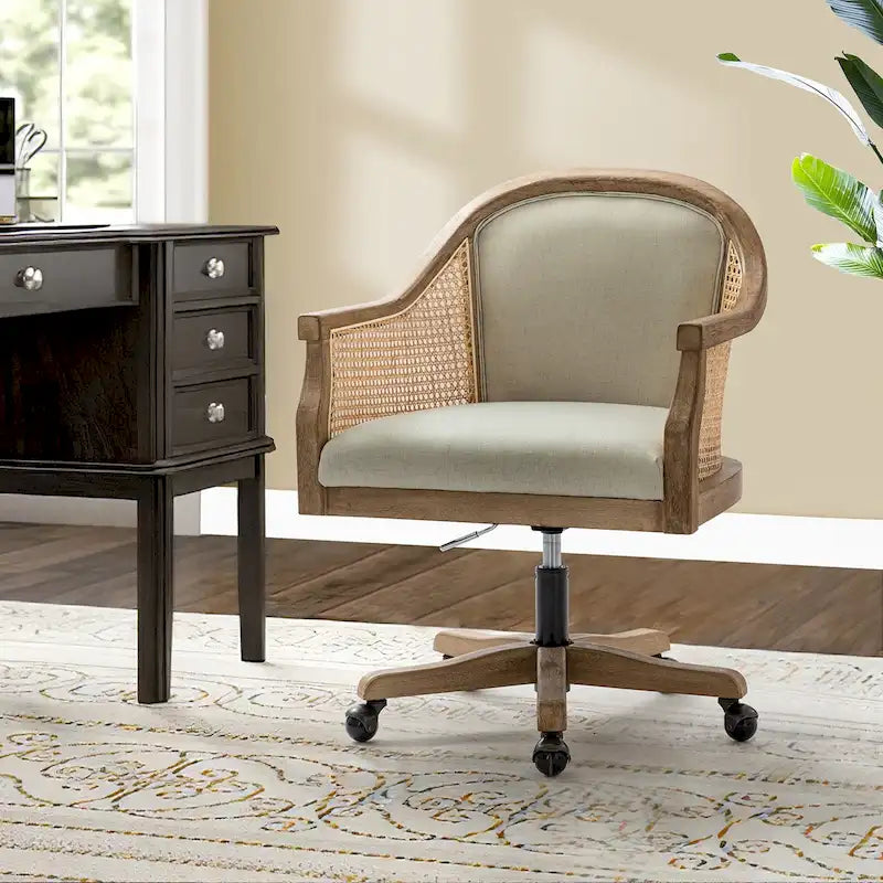 Fauteuil de bureau en rotin avec piètement en bois d'hévéa, pivotant à 360 degrés et réglable en hauteur par