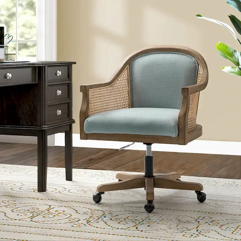 Fauteuil de bureau en rotin avec piètement en bois d'hévéa, pivotant à 360 degrés et réglable en hauteur par
