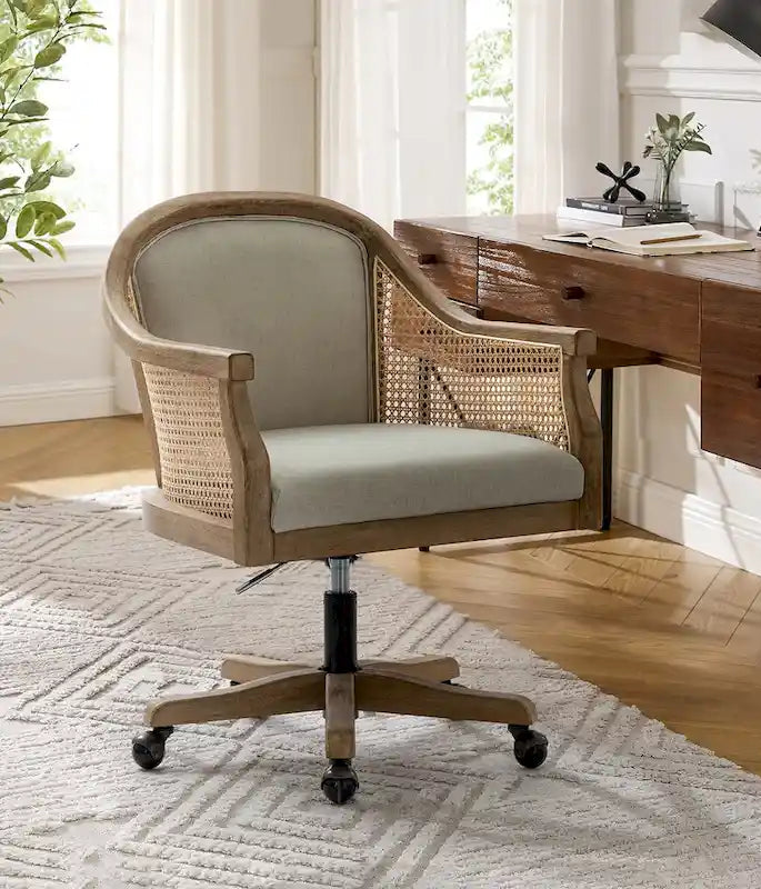 Danilo Farmhouse 360 Degree Swivel Height Adjustable Rattan Desk Chair with RubberWood by HULALA HOME