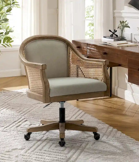 Fauteuil de bureau en rotin avec piètement en bois d'hévéa, pivotant à 360 degrés et réglable en hauteur par
