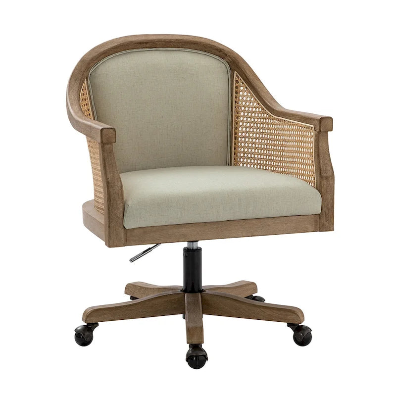 Fauteuil de bureau en rotin avec piètement en bois d'hévéa, pivotant à 360 degrés et réglable en hauteur par