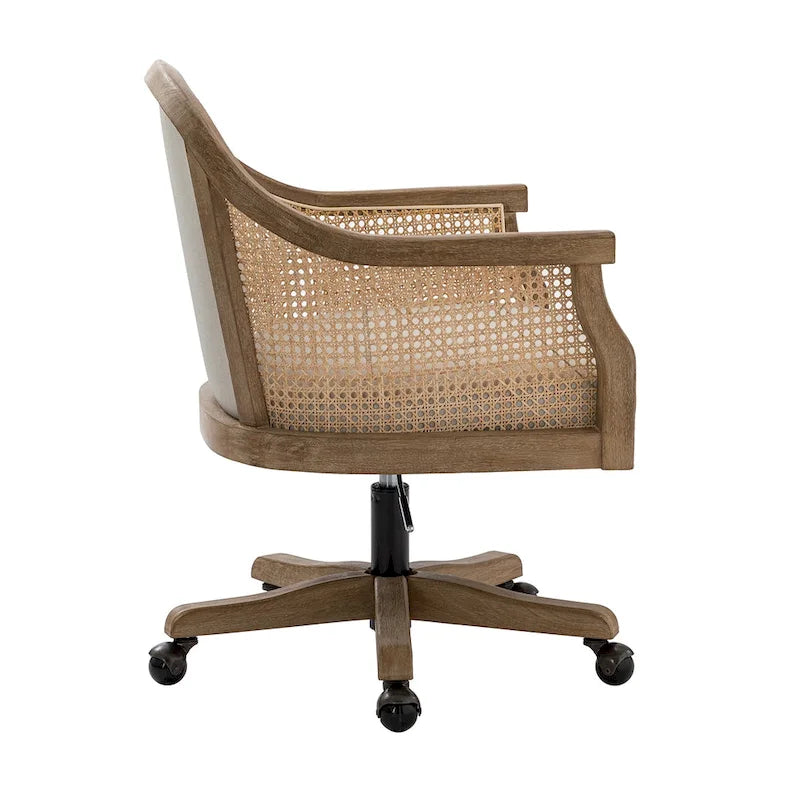 Fauteuil de bureau en rotin avec piètement en bois d'hévéa, pivotant à 360 degrés et réglable en hauteur par