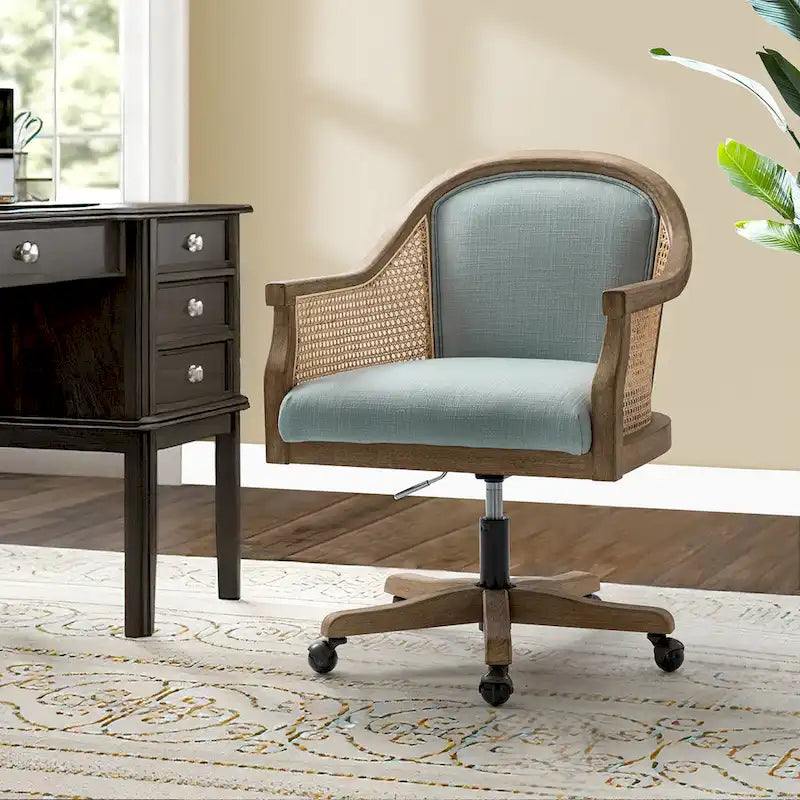 Fauteuil de bureau en rotin avec piètement en bois d'hévéa, pivotant à 360 degrés et réglable en hauteur par