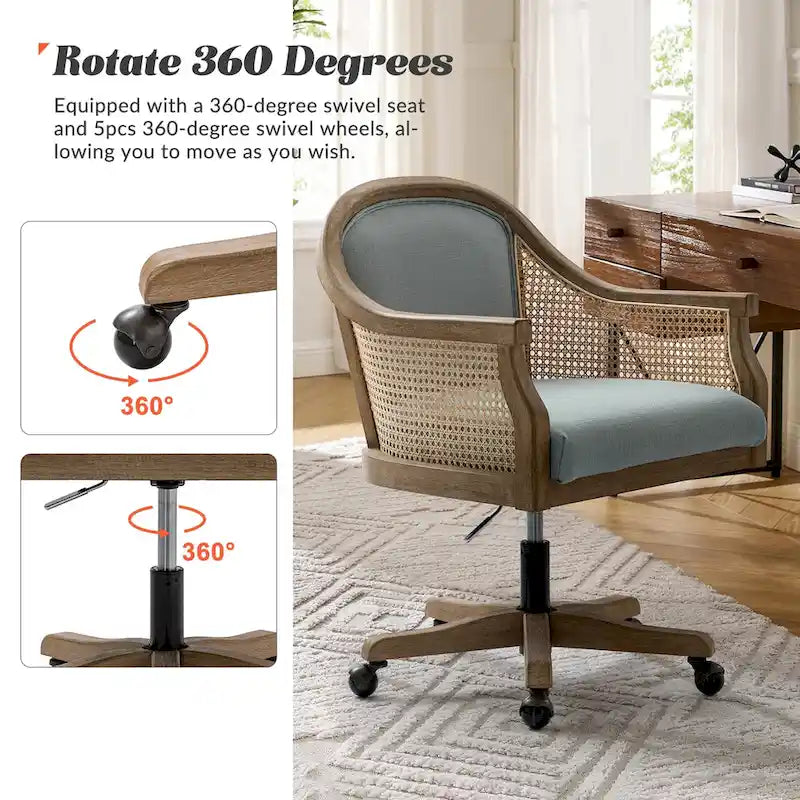 Fauteuil de bureau en rotin avec piètement en bois d'hévéa, pivotant à 360 degrés et réglable en hauteur par