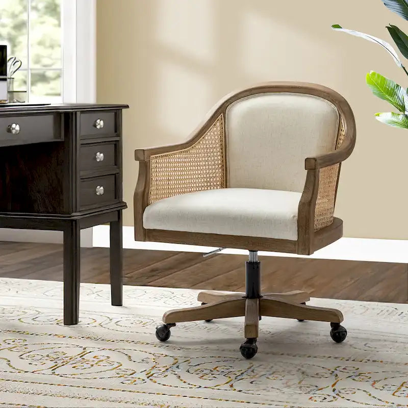 Fauteuil de bureau en rotin avec piètement en bois d'hévéa, pivotant à 360 degrés et réglable en hauteur par