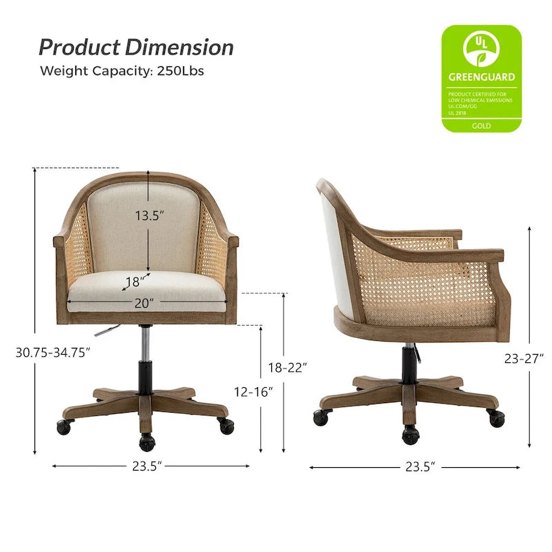 Fauteuil de bureau en rotin avec piètement en bois d'hévéa, pivotant à 360 degrés et réglable en hauteur par