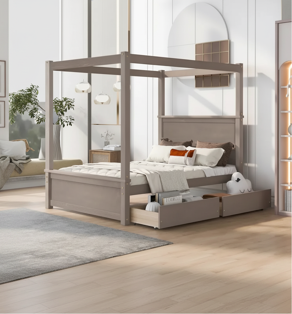 Full Size Wood Canopy Platform bed With Two Drawers