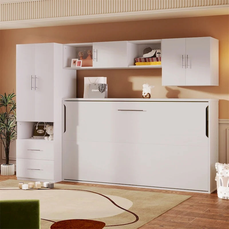 Lit escamotable double avec étagères ouvertes et tiroirs de rangement