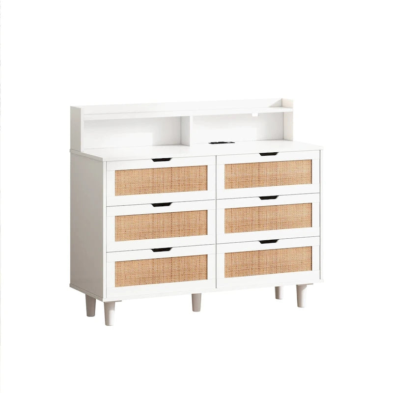 Meuble de rangement à tiroirs en rotin blanc avec lumières LED et prise de courant, idéal pour la chambre et le salon, taille 43,31