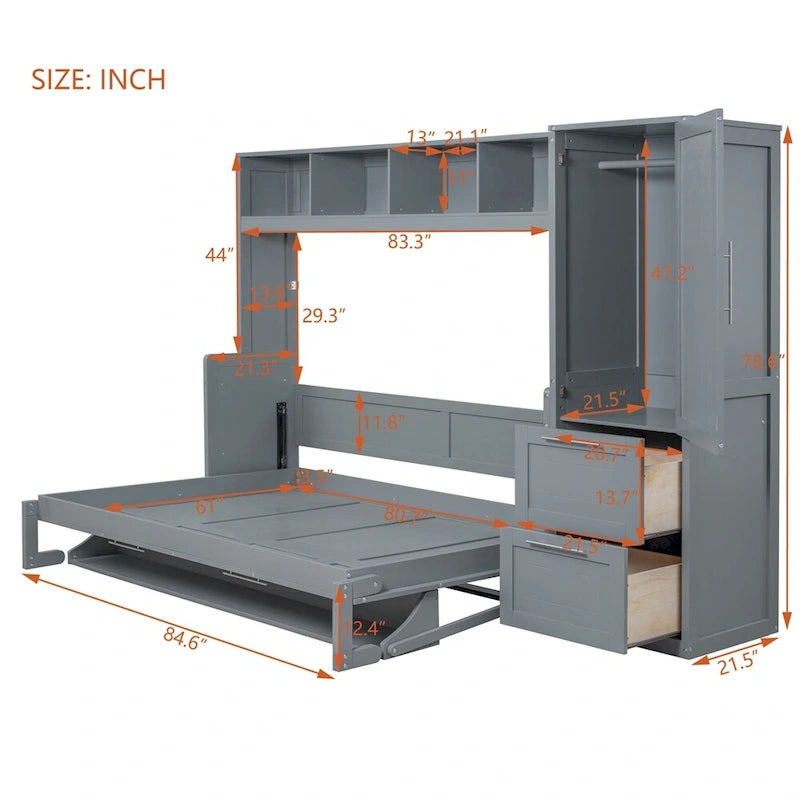 Lit escamotable Queen Size avec armoire et tiroirs