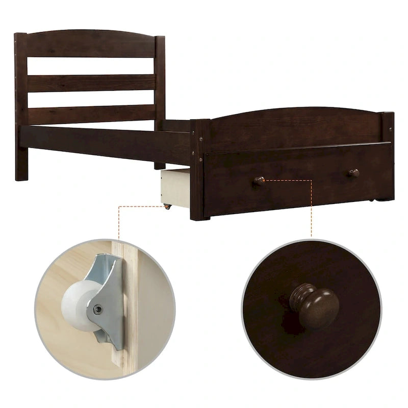 Cadre de lit simple plate-forme avec tiroir de rangement et support à lattes en bois, aucun sommier requis