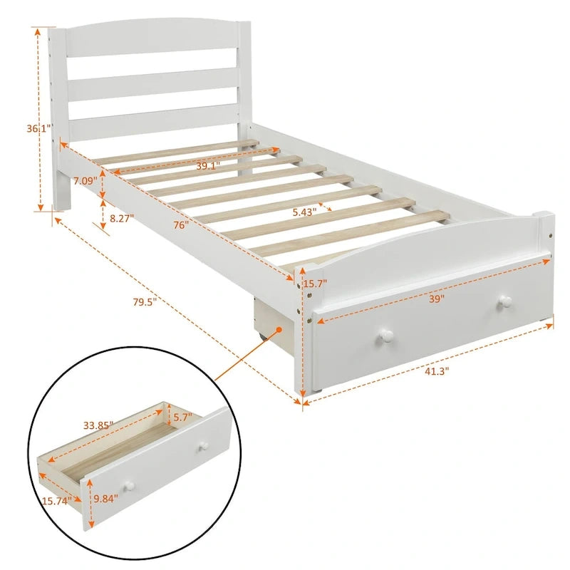 Cadre de lit simple plate-forme avec tiroir de rangement et support à lattes en bois, aucun sommier requis