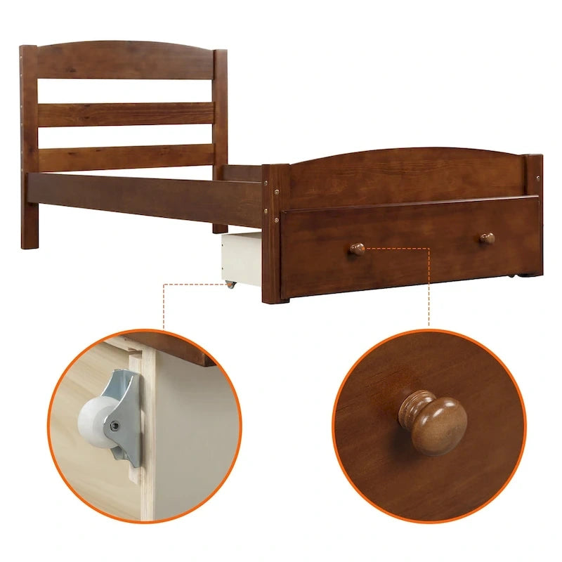 Cadre de lit simple plate-forme avec tiroir de rangement et support à lattes en bois, aucun sommier requis