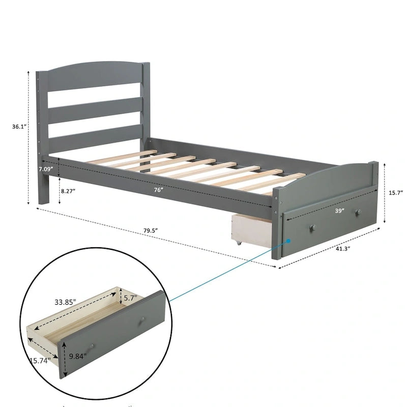 Cadre de lit simple plate-forme avec tiroir de rangement et support à lattes en bois, aucun sommier requis