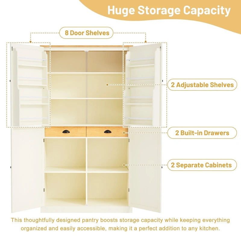 Armoire de cuisine autoportante haute 40,2x20x71,3 pouces avec 2 tiroirs, 2 étagères réglables et 8 étagères de porte