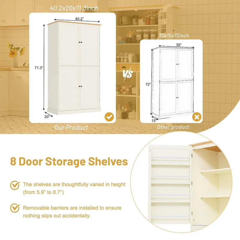 Armoire de cuisine autoportante haute 40,2x20x71,3 pouces avec 2 tiroirs, 2 étagères réglables et 8 étagères de porte