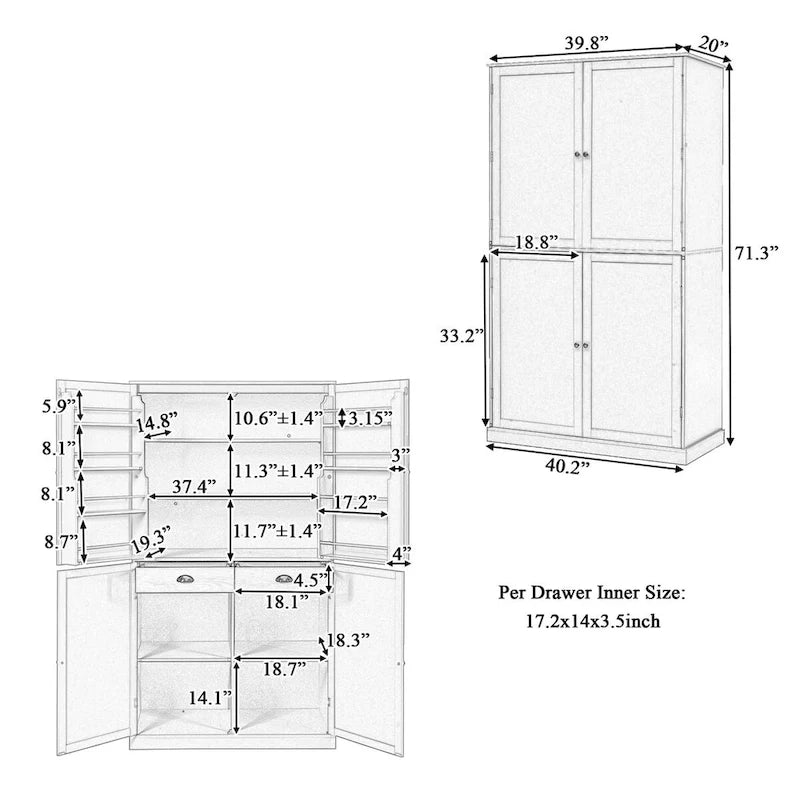 Armoire de cuisine autoportante haute 40,2x20x71,3 pouces avec 2 tiroirs, 2 étagères réglables et 8 étagères de porte