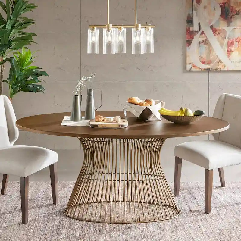 Table à manger ovale en bronze Mid-Century Modern avec piètement en métal – Plateau en MDF plaqué bois de 172 cm, 6 places