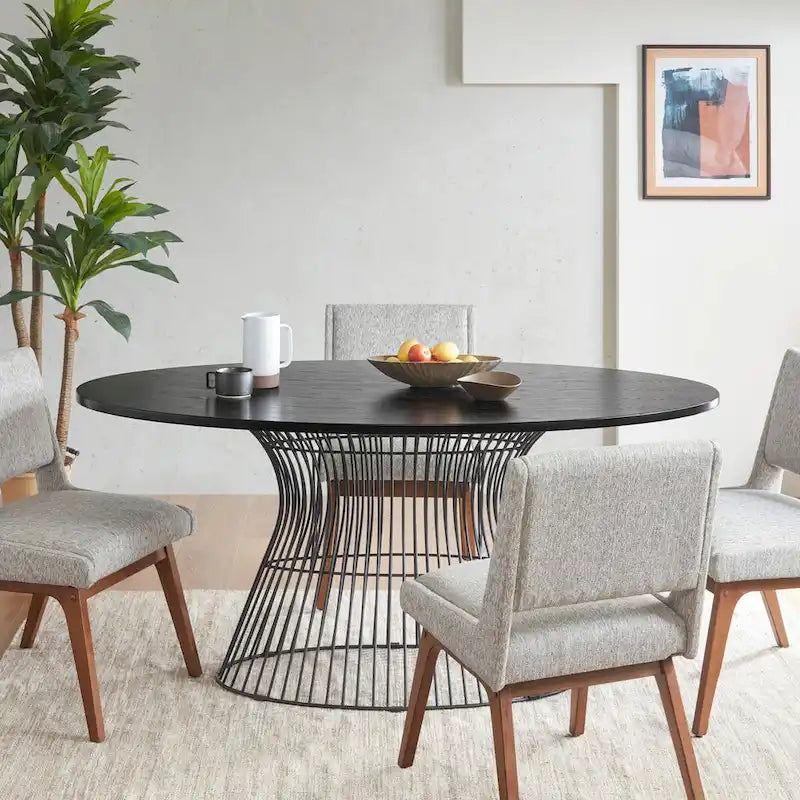 Table à manger ovale en bronze Mid-Century Modern avec piètement en métal – Plateau en MDF plaqué bois de 172 cm, 6 places
