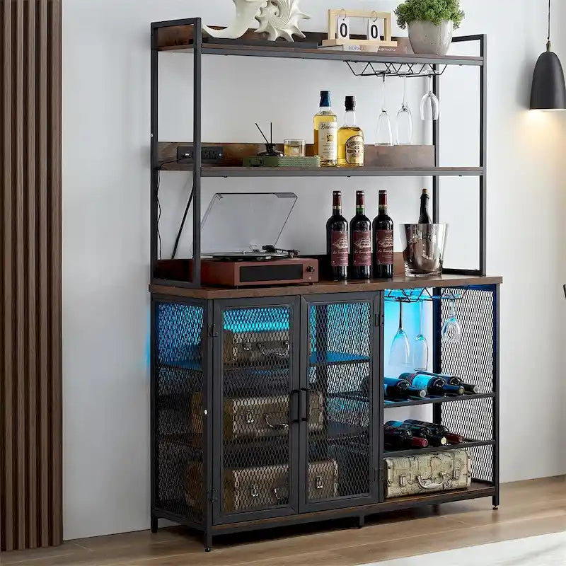 Buffet à 3 niveaux avec bande LED et support à verres, prise de courant
