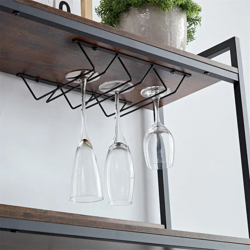 Buffet à 3 niveaux avec bande LED et support à verres, prise de courant