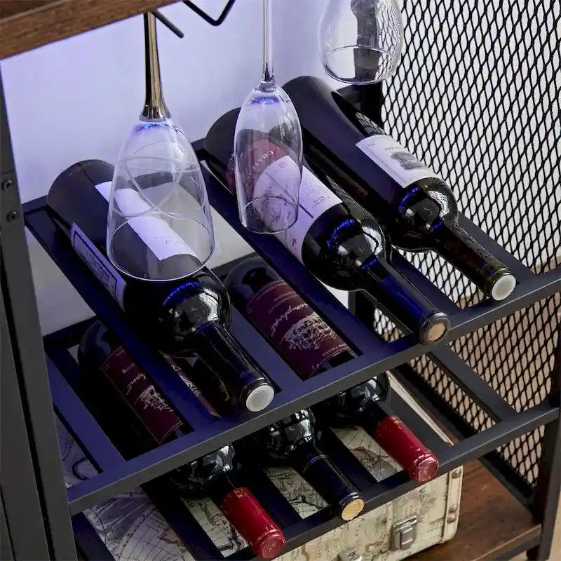 Buffet à 3 niveaux avec bande LED et support à verres, prise de courant